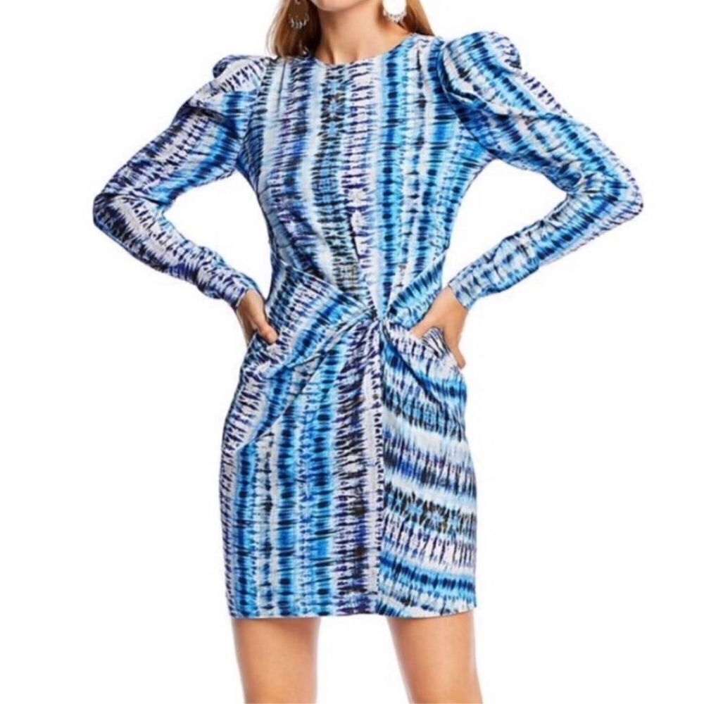 LINI XS Penelope Dress Twist Front Blue Tie Dye Long Sleeve Mini Bodycon